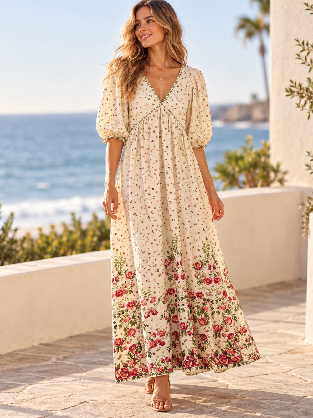 NWT Max Studio Floral Border Print Maxi Dress Size Small Boho Cottagecore